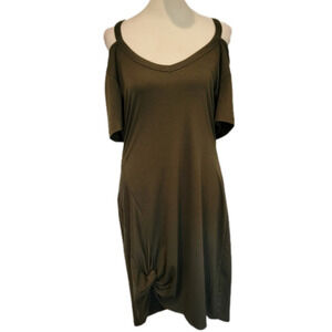 Berryou Cold Shoulder Army Green T-shirt Midi Dress with Ruched Hem Size L